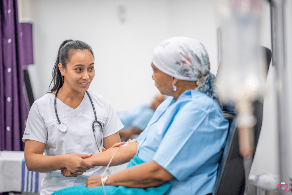 Oncology - Oncologist consulting with a patient undergoing treatment