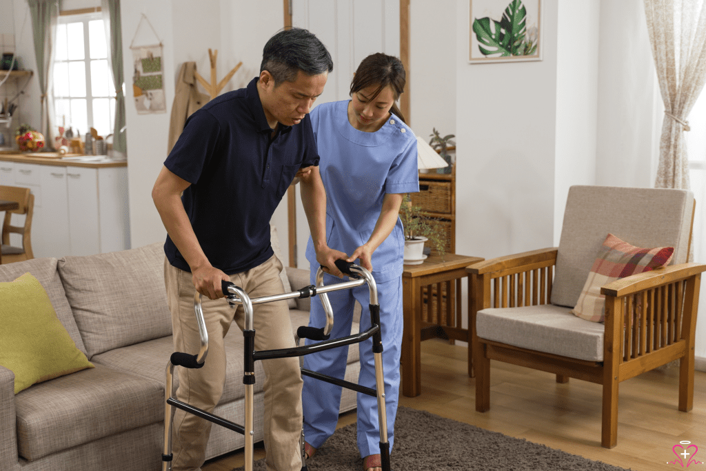 Stroke Recovery - A healthcare worker assists a man using a walker in a home setting, focusing on stroke recovery.