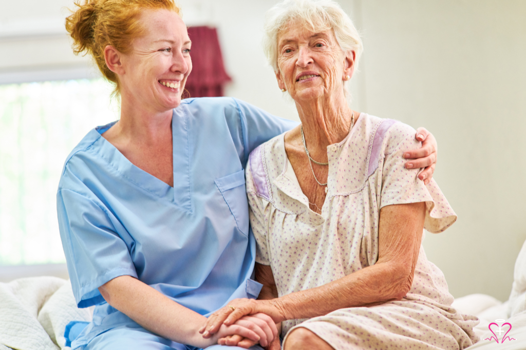 Hospice Chaplain - A hospice chaplain providing comforting presence to an elderly woman, both smiling warmly in a bright and cheerful room.