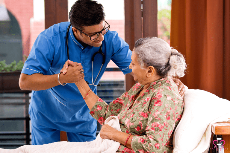 Nurse providing compassionate hospice care to a senior patient.