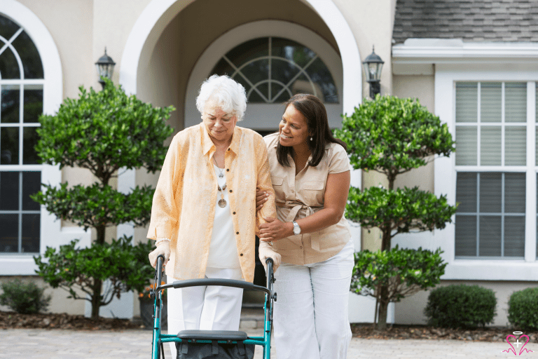 Senior receiving help from a caregiver.