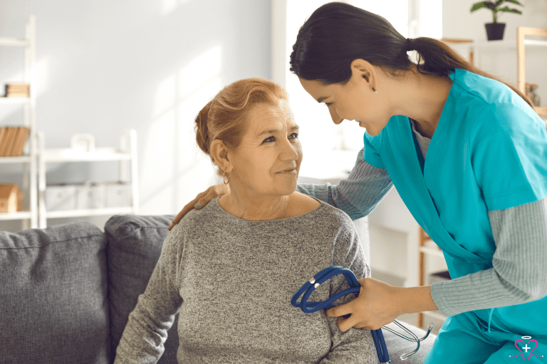 Nurse monitoring a senior patient's health with medical equipment.