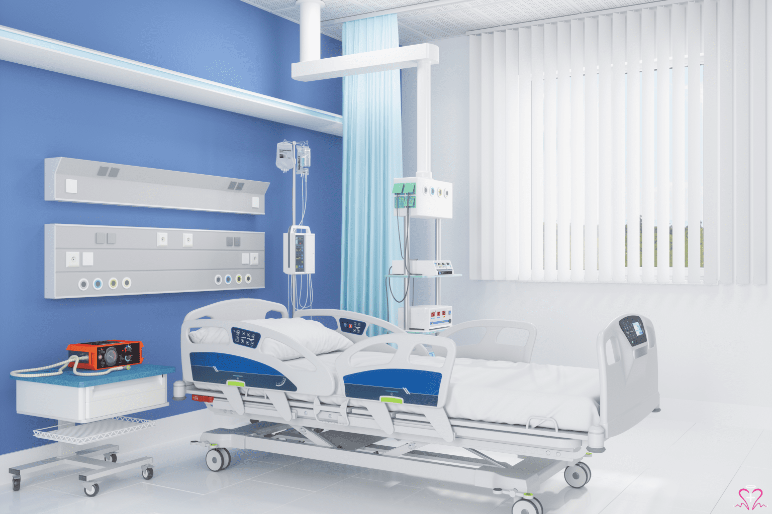 Modern hospital room with medical equipment and hospital beds.