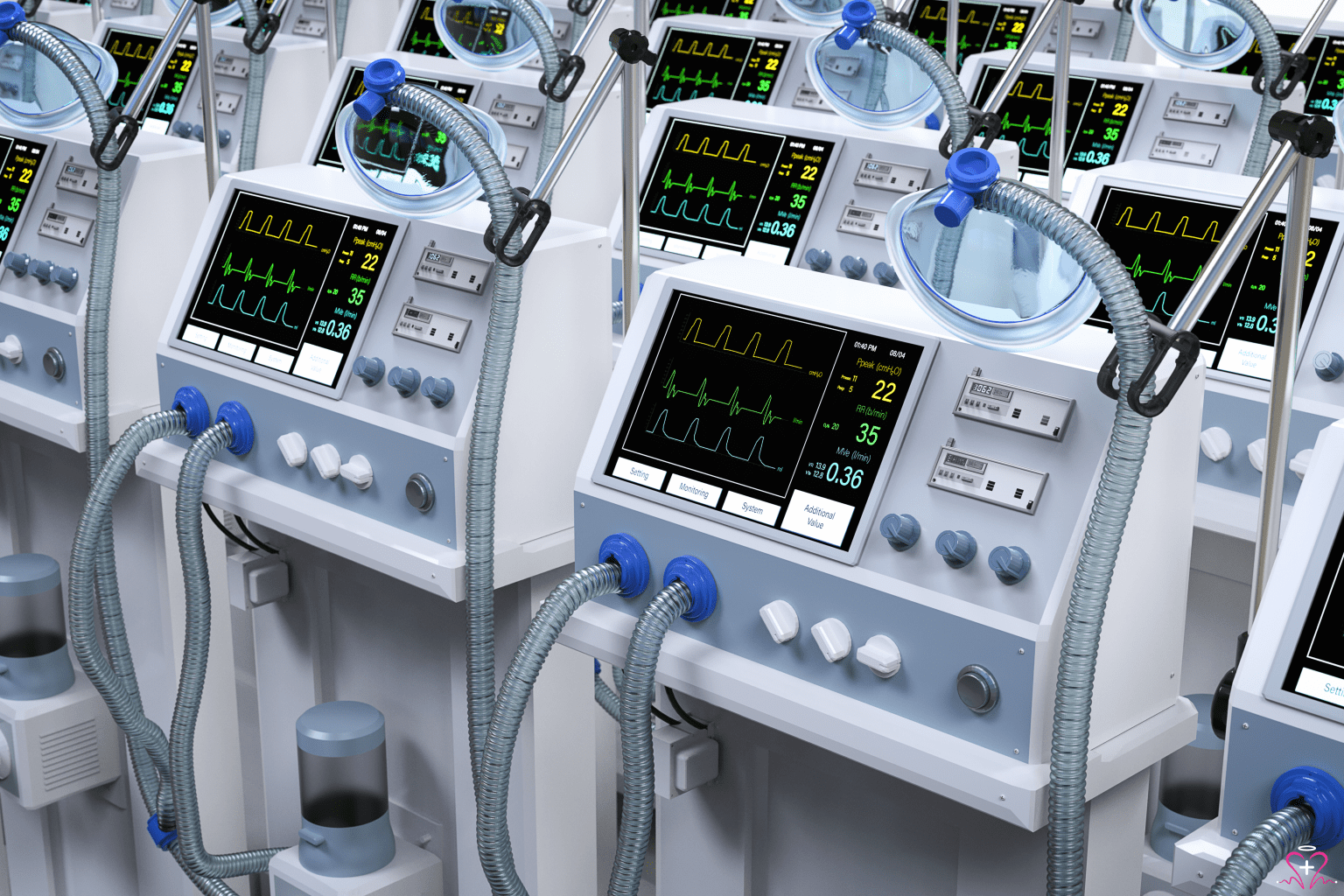 Medical ventilators in a row with displays showing respiratory data.