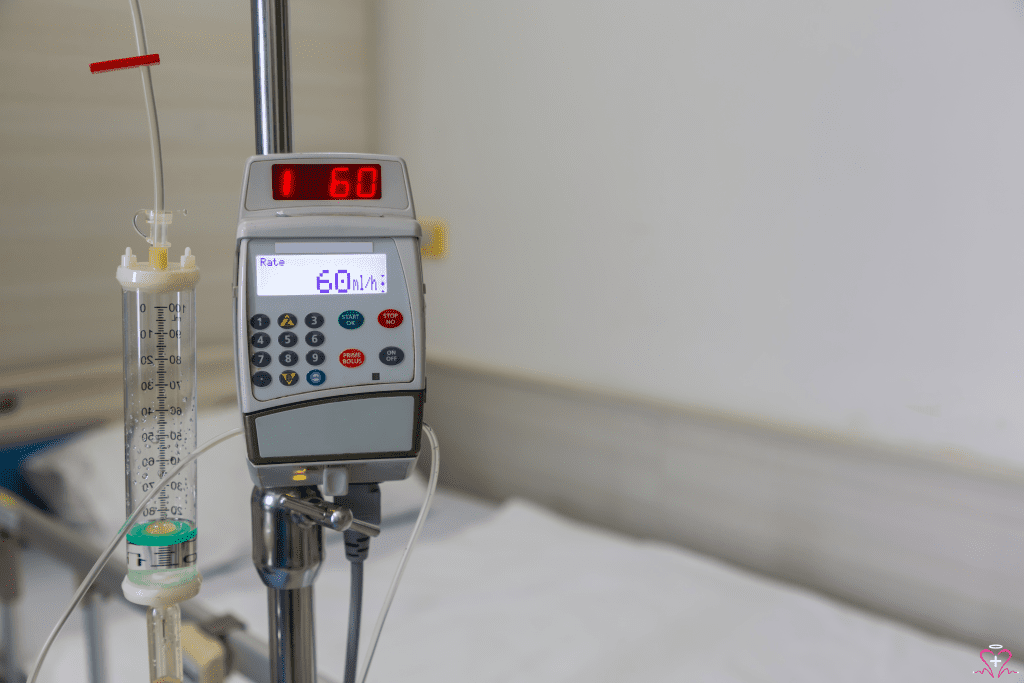 Close-up of a medical infusion pumps are displaying infusion rate.