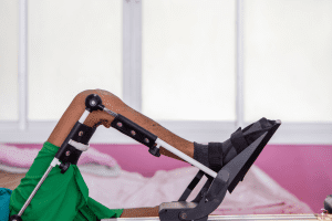 Leg of a patient using a Continuous Passive Motion (CPM) machine.