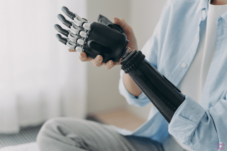 Person adjusting a prosthetic arm device.