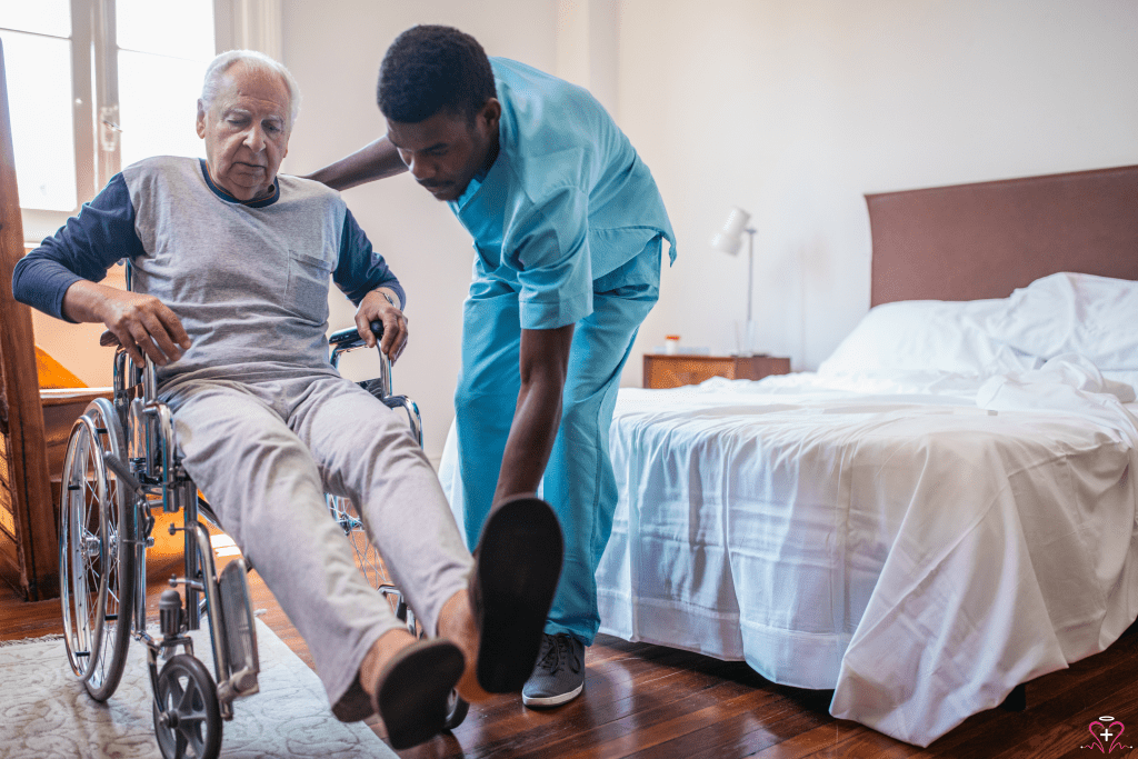 A nurse assisting an elderly man in a wheelchair in a home setting. Nursing Care