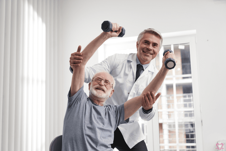 The Benefits of Physical Therapy: A physical therapist assisting an elderly man with exercises using dumbbells.