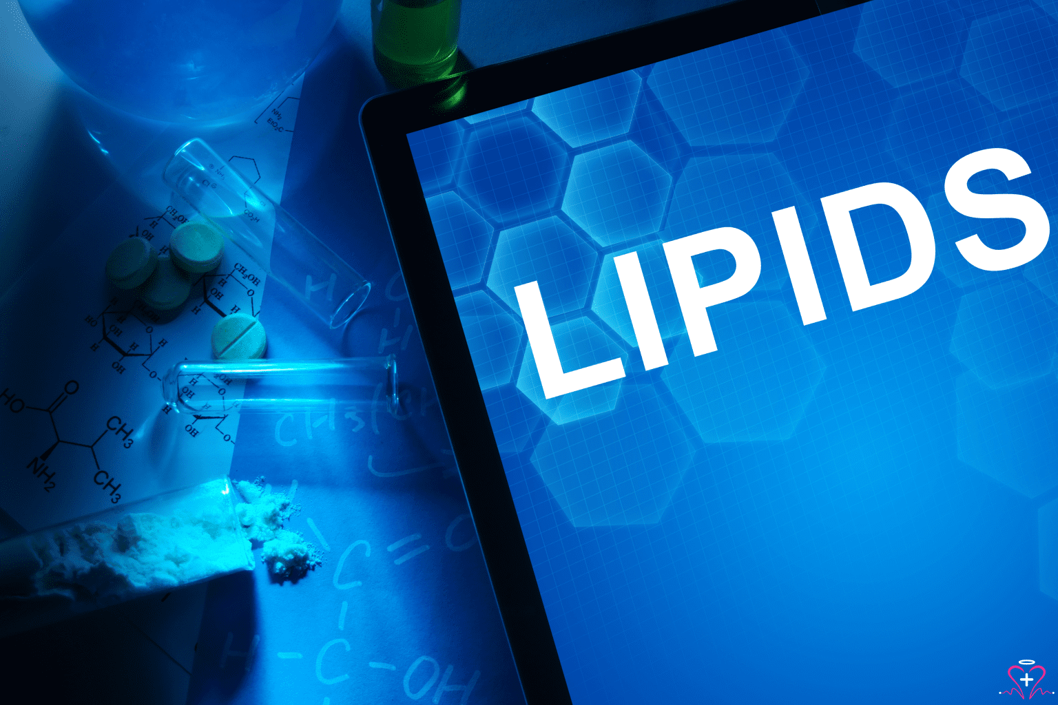 Lipid Panel - A digital display with the word "LIPIDS" prominently shown, alongside chemical formulas and lab equipment, symbolizing the scientific study and analysis of lipid levels.