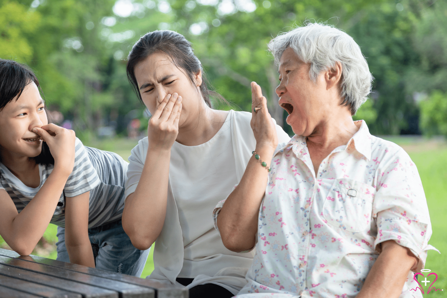 Two senior women reacting to an unpleasant Odor Eliminators.