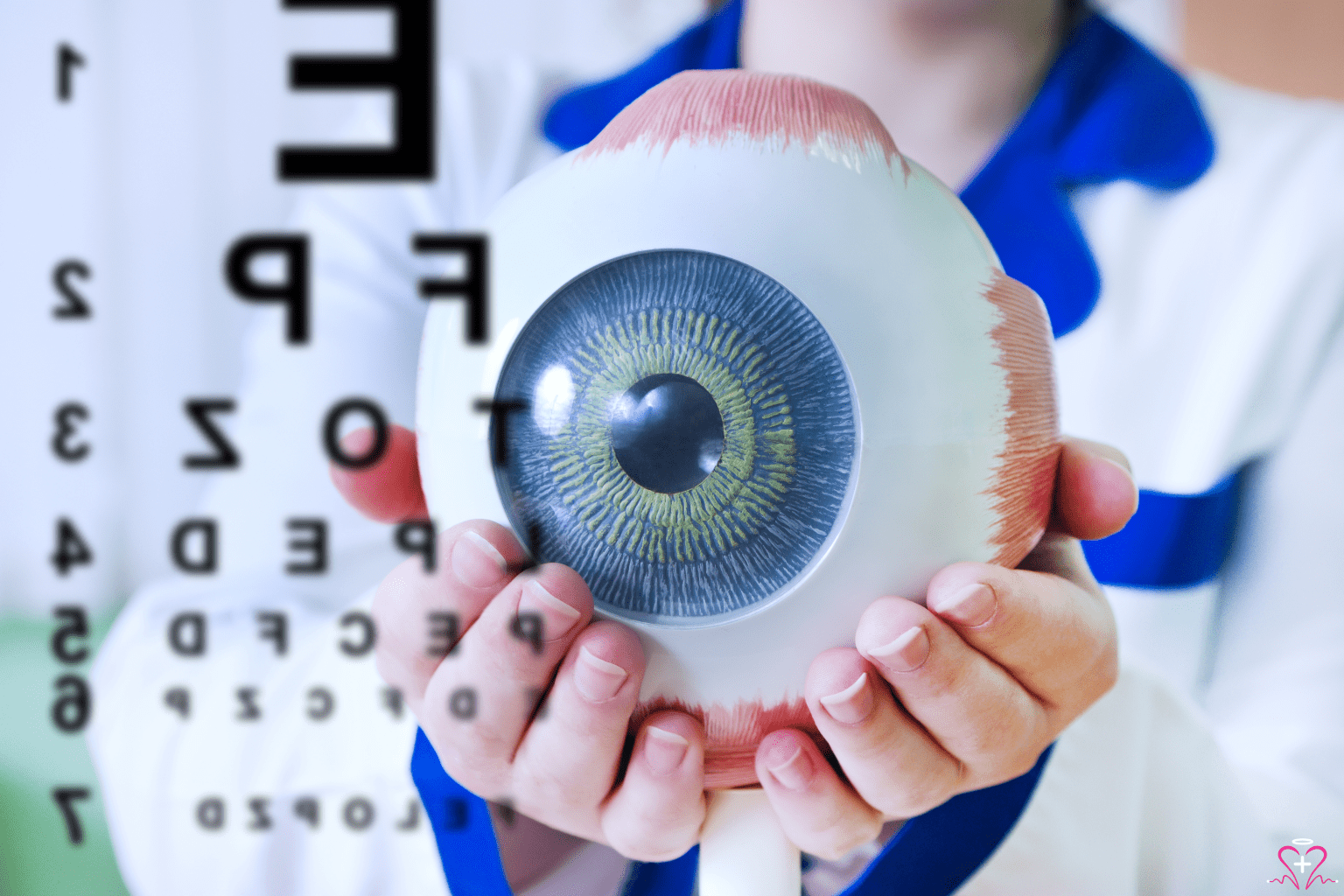 Ophthalmology : Ophthalmologist holding a model of a human eye with a Snellen chart in the background