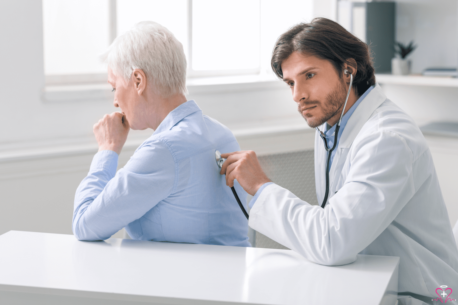 Pulmonology: Doctor using a stethoscope to listen to a patient's lungs during a medical examination