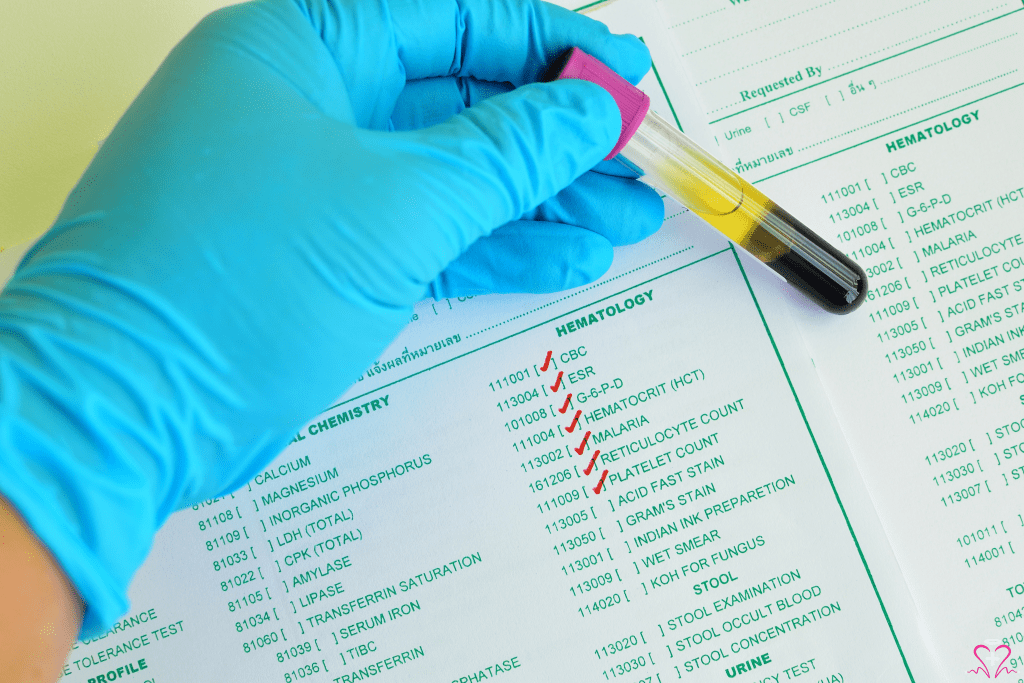 Hematology test tube and laboratory results