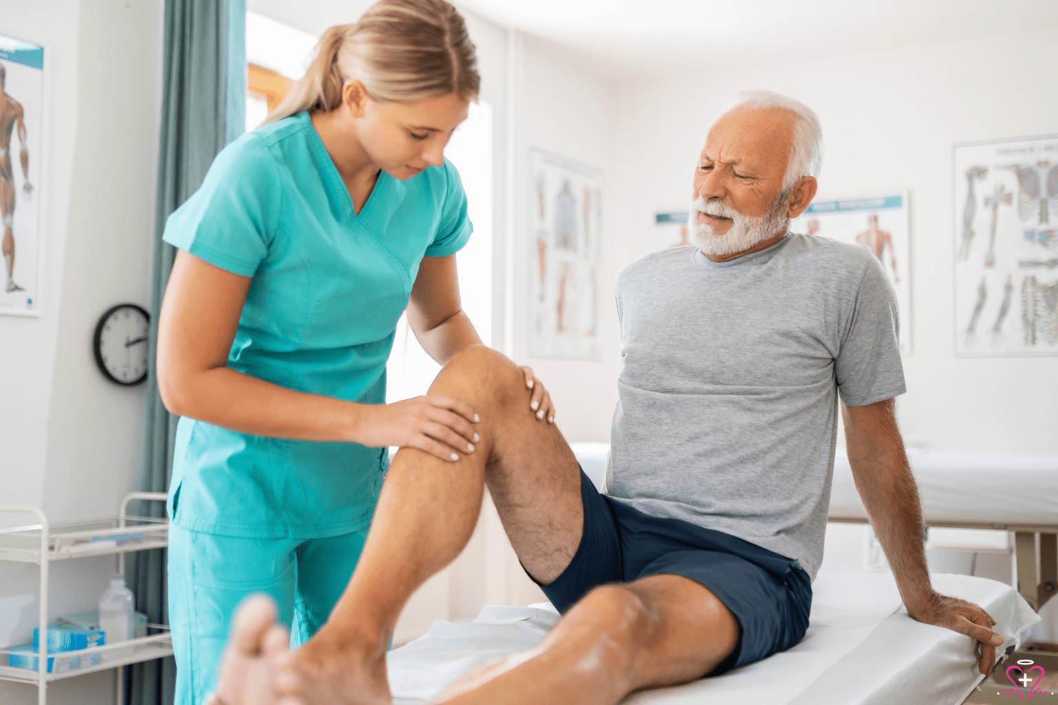 Pain Medicine - A nurse examining a senior man's knee