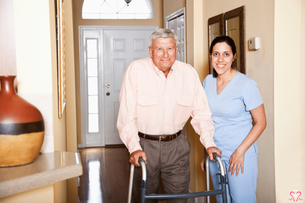 Hospice Aide Services - Hospice aide assisting a senior man using a walker in his home.