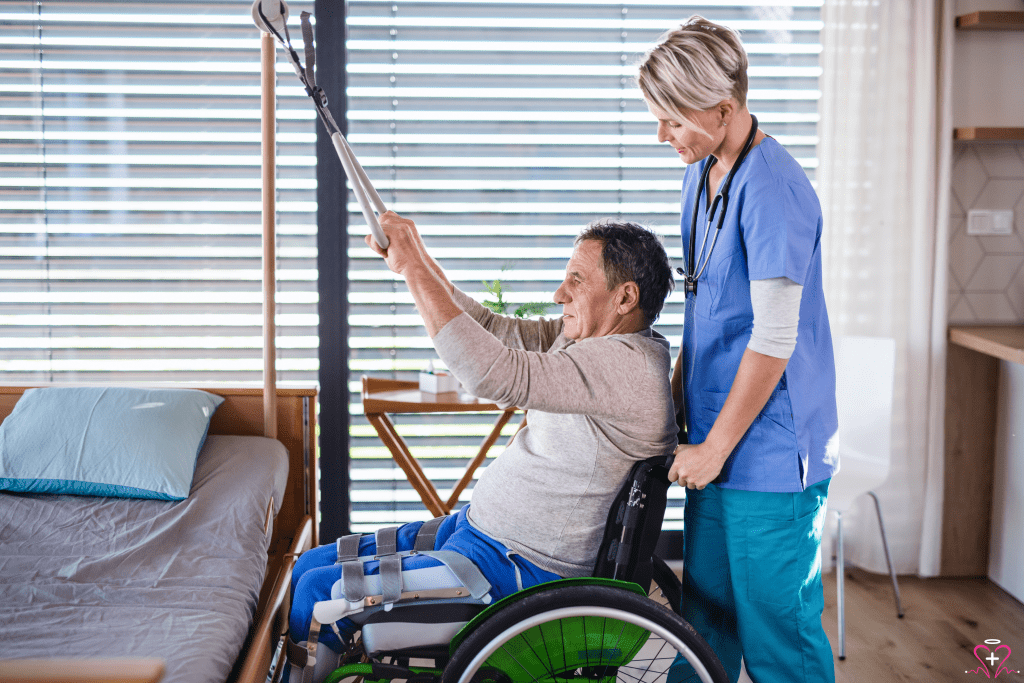 Therapies - A therapist assisting a man in a wheelchair with a physical therapy exercise.