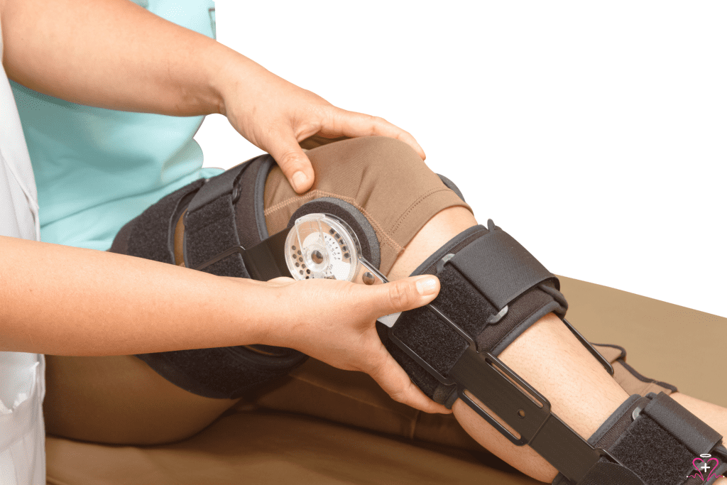 Knee Brace - A close-up image of a person's knee fitted with a supportive knee brace, designed to provide stability and aid in recovery from injuries or surgeries.