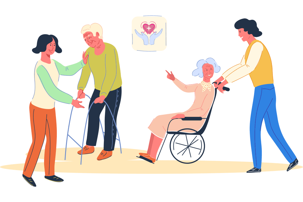 Illustration of caregivers assisting seniors with a walker and wheelchair.