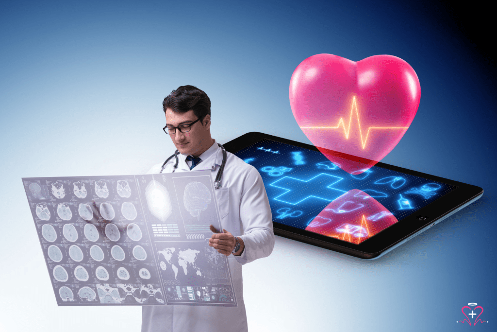 Remote Patient Monitoring - Doctor reviewing medical scans with digital health icons and a heart monitor on a tablet.