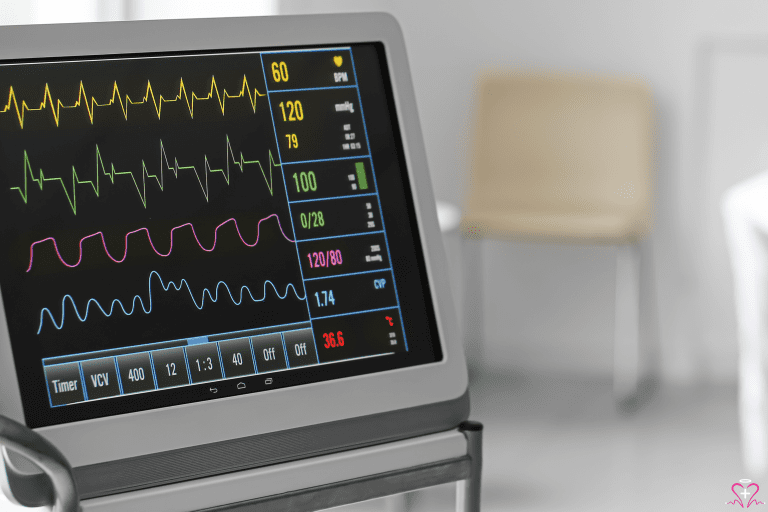 Heart Rate Monitors - A close-up of a medical monitor displaying heart rate and other vital signs.