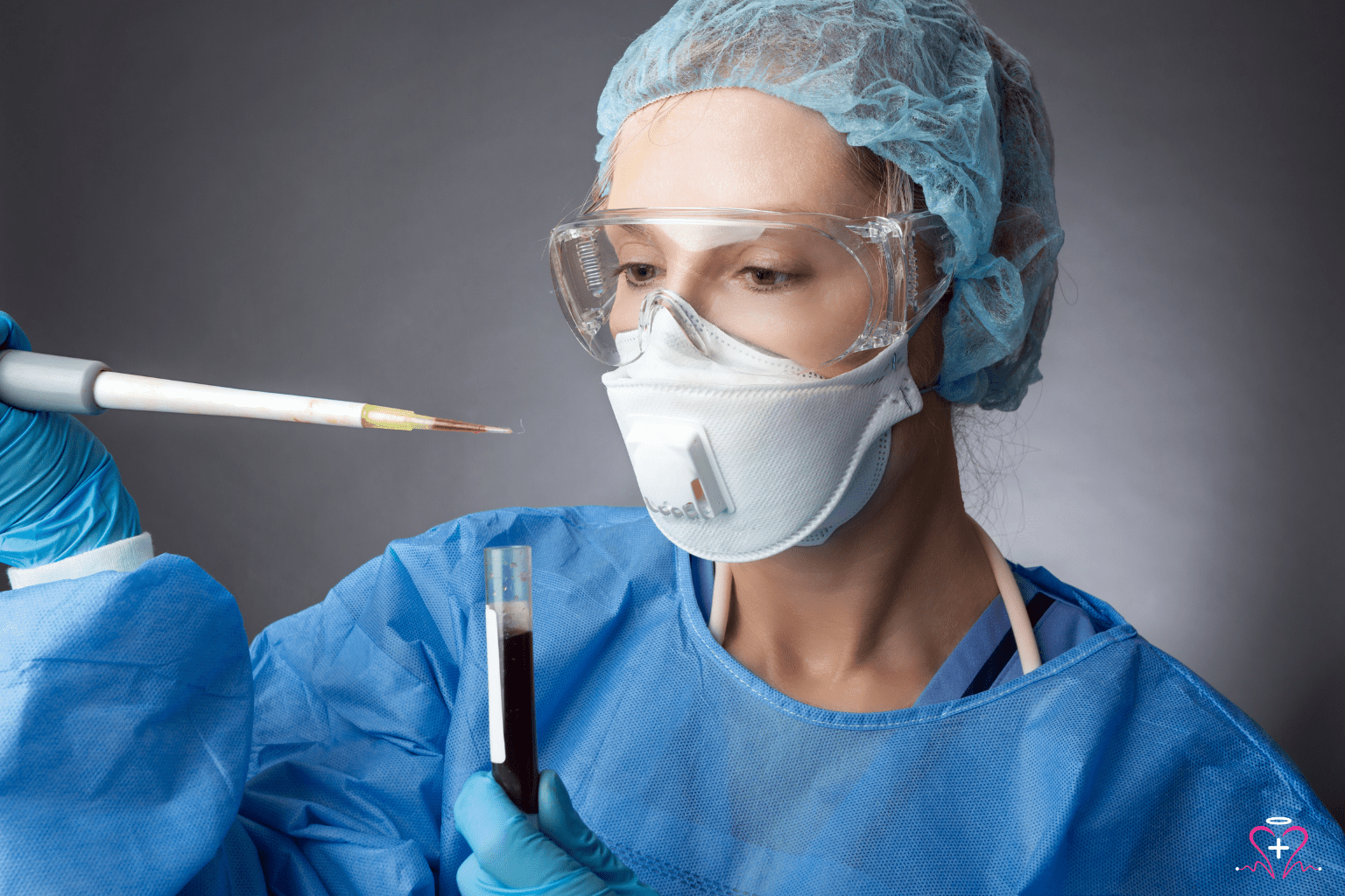 Pathologist - A pathologist wearing protective gear, including a mask, goggles, and surgical gown, handling a blood sample with a pipette.