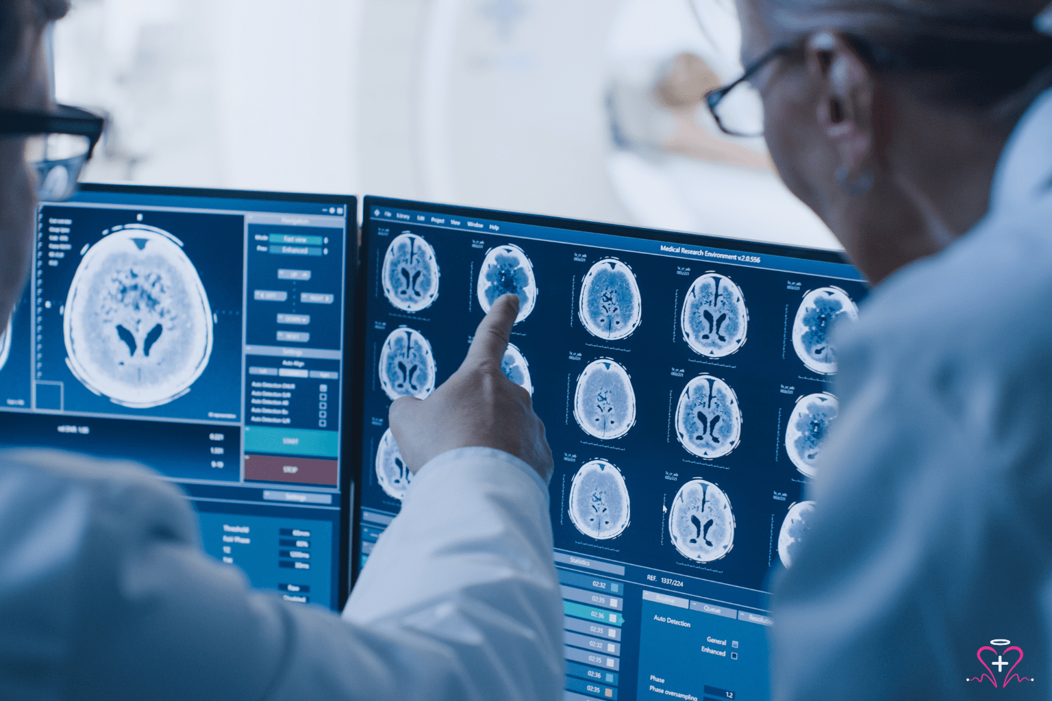 CT Scans - Doctors analyzing CT scans on multiple monitors, focusing on detailed brain images, with a patient in the background undergoing a scan.