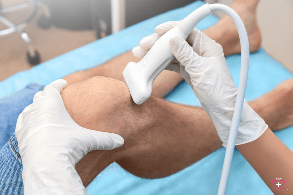 Ultrasound - Medical professional performing an ultrasound scan on a patient's knee, showcasing the detailed imaging process.