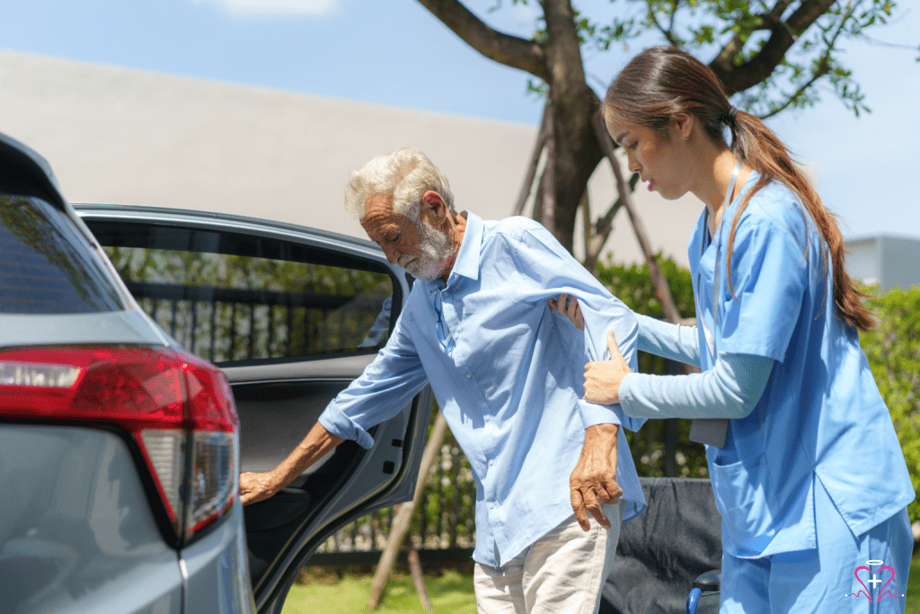 Protective Supervision - Caregiver assisting an elderly man out of a car.