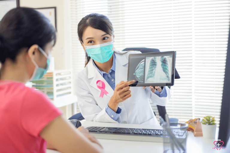 Cancer Screening - Doctor explaining cancer screening results to a patient using an X-ray image on a tablet