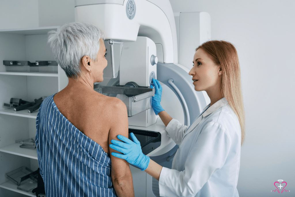 Cancer Screening - Female doctor performing a mammogram on an elderly woman for cancer screening