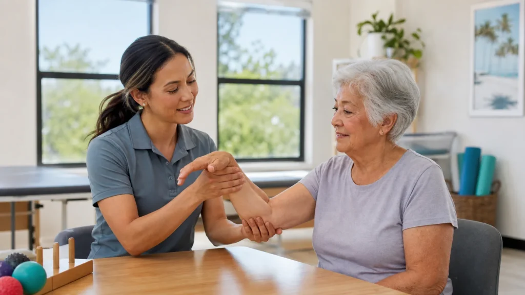 Occupational therapist guiding an older adult through a hand and wrist mobility exercise