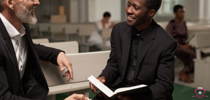 Two men sitting in church pews discussing scripture with open Bibles, representing church outreach, mentorship, and community engagement for seniors