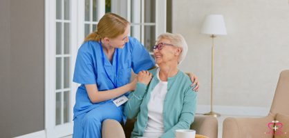 Home health social worker providing compassionate emotional and care coordination support for seniors during an in-home visit through All Seniors Foundation.