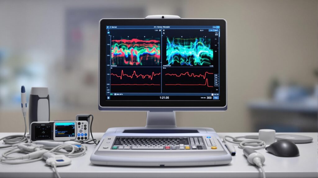 Arterial and venous Doppler ultrasound machine displaying blood flow results, representing non-invasive vascular diagnostics for seniors.