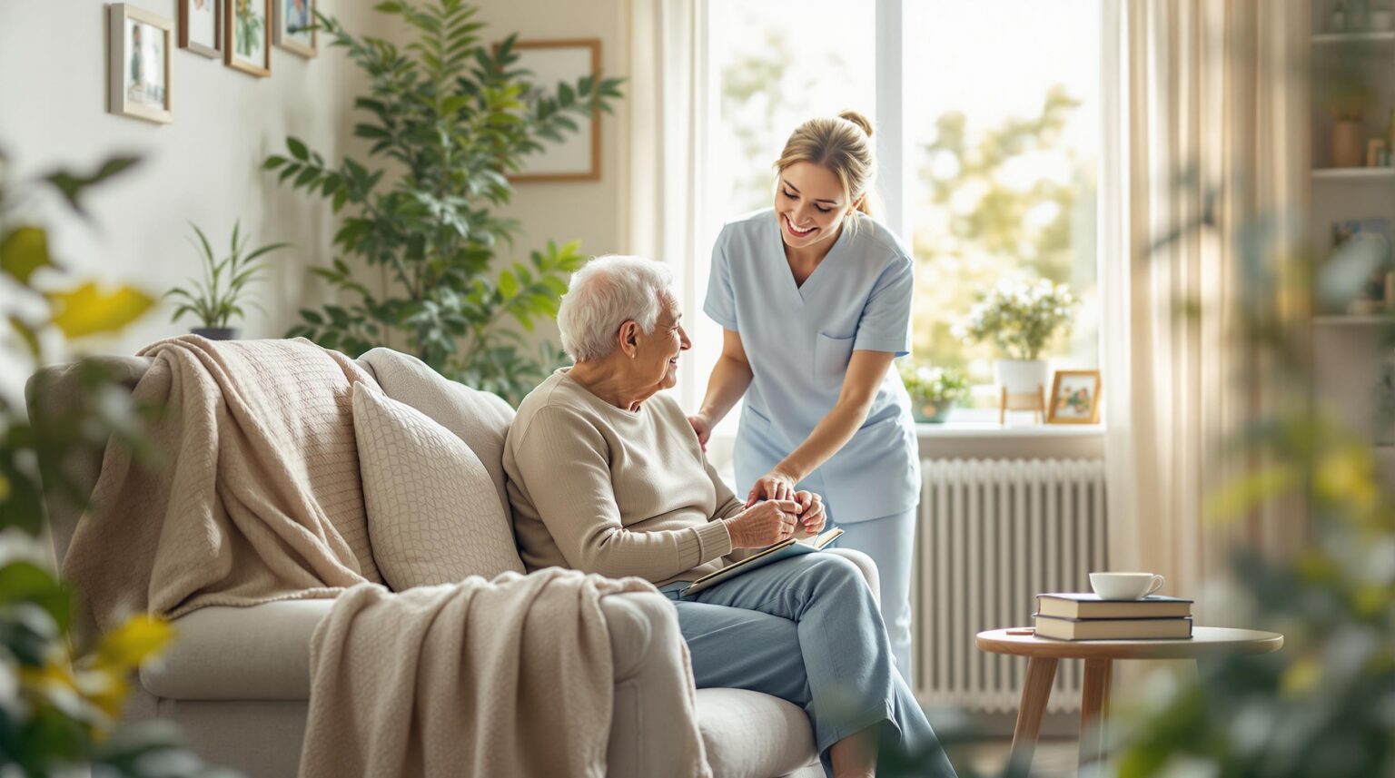 Smiling caregiver assisting an elderly man sitting on a couch in a bright living room, representing the difference between assisted living and in-home care.