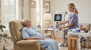 Female radiologic technologist reviewing a digital chest X-ray with a senior patient, representing B-Read chest X-ray screening and lung health assessment.