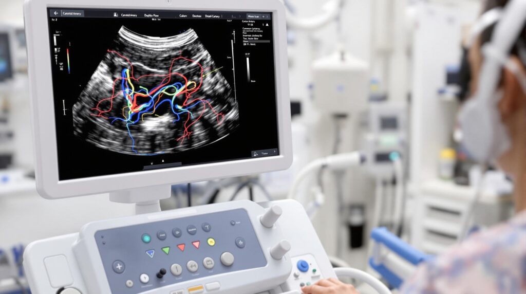 Technician performing a carotid artery duplex scan using ultrasound equipment, representing advanced vascular diagnostic care for seniors.