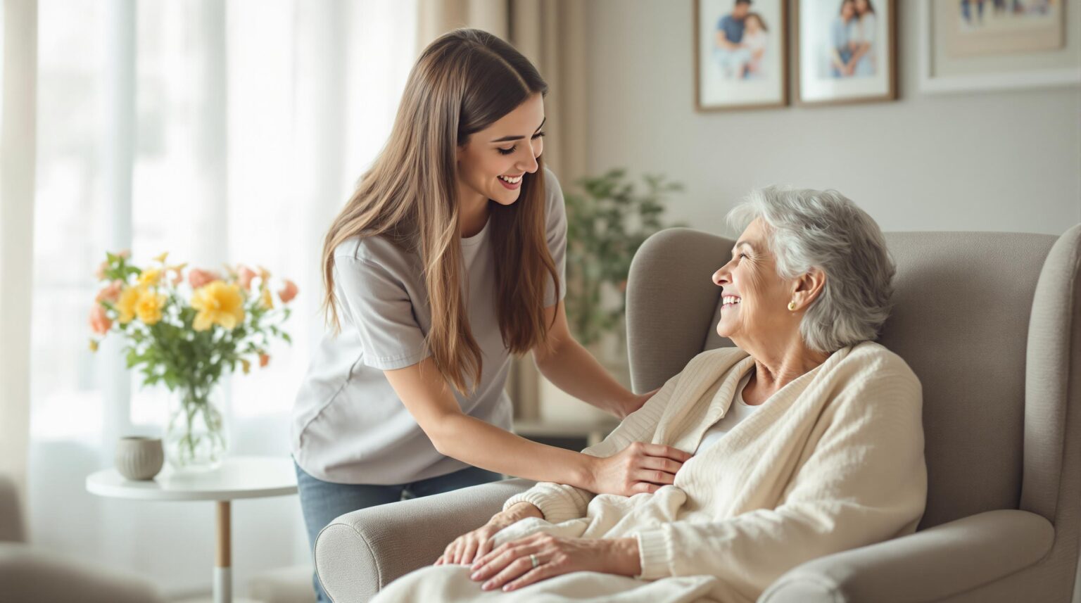 Caregiver helping a senior woman at home, representing IHSS home support services.