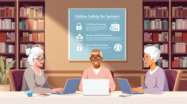 Three seniors learning computer safety at a library table with laptops, illustrating online safety tips for older adults.