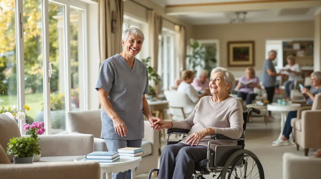 Compassionate caregiver assisting an elderly woman at home, symbolizing professional senior care and support services.