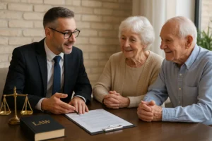 Elderly couple consulting with lawyer – legal help for seniors and families in Los Angeles, including estate planning and healthcare rights.