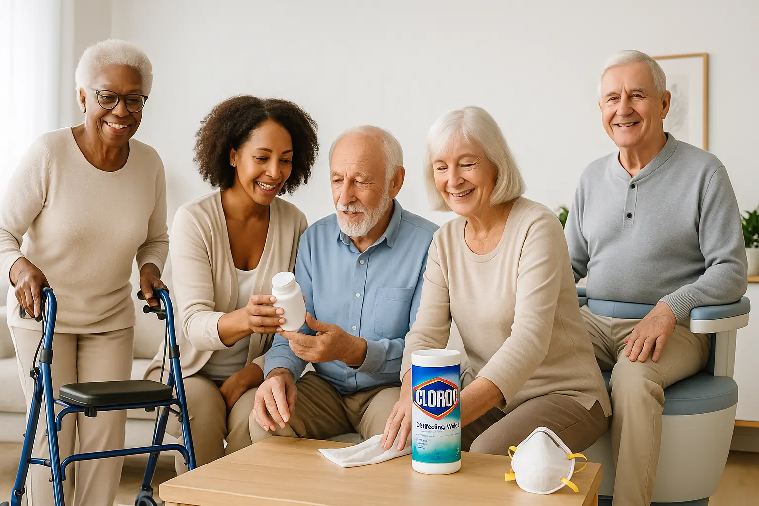 Group of seniors reviewing medical equipment with a caregiver – unbiased senior medical equipment reviews and safety recommendations.