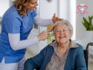 Caregiver brushing elderly woman’s hair at home – compassionate senior care and home assistance in Los Angeles.