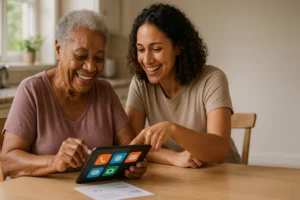 Caregiver helping senior woman use a digital tablet – donate electronics to support seniors’ digital inclusion in Los Angeles.