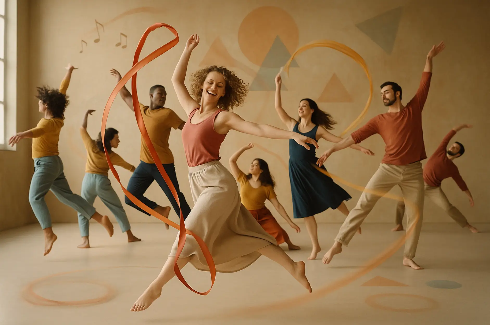Seniors dancing together in a bright room with a fitness instructor, symbolizing improved mood, balance, and brain health through dance therapy.