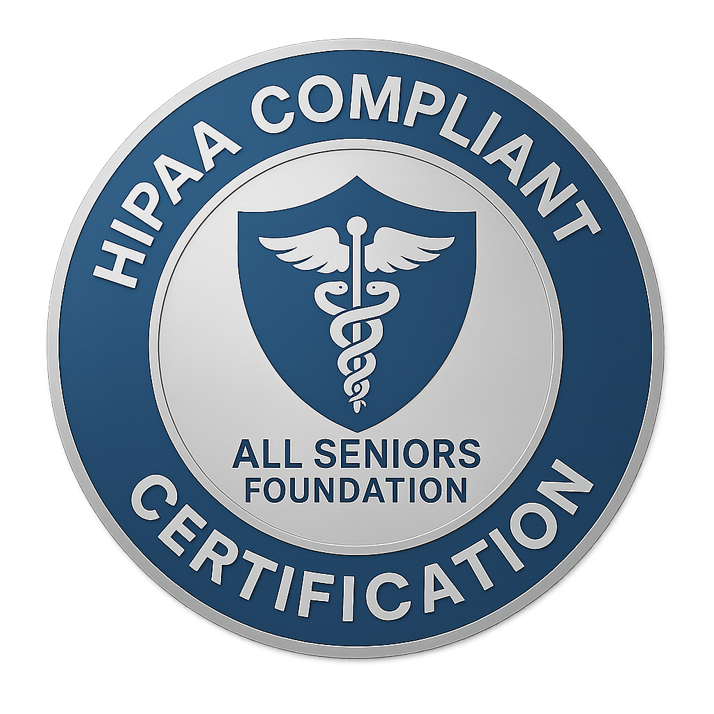 HIPAA Compliant Certification badge with medical cross and lock symbol representing All Seniors Foundation’s data protection and privacy commitment.