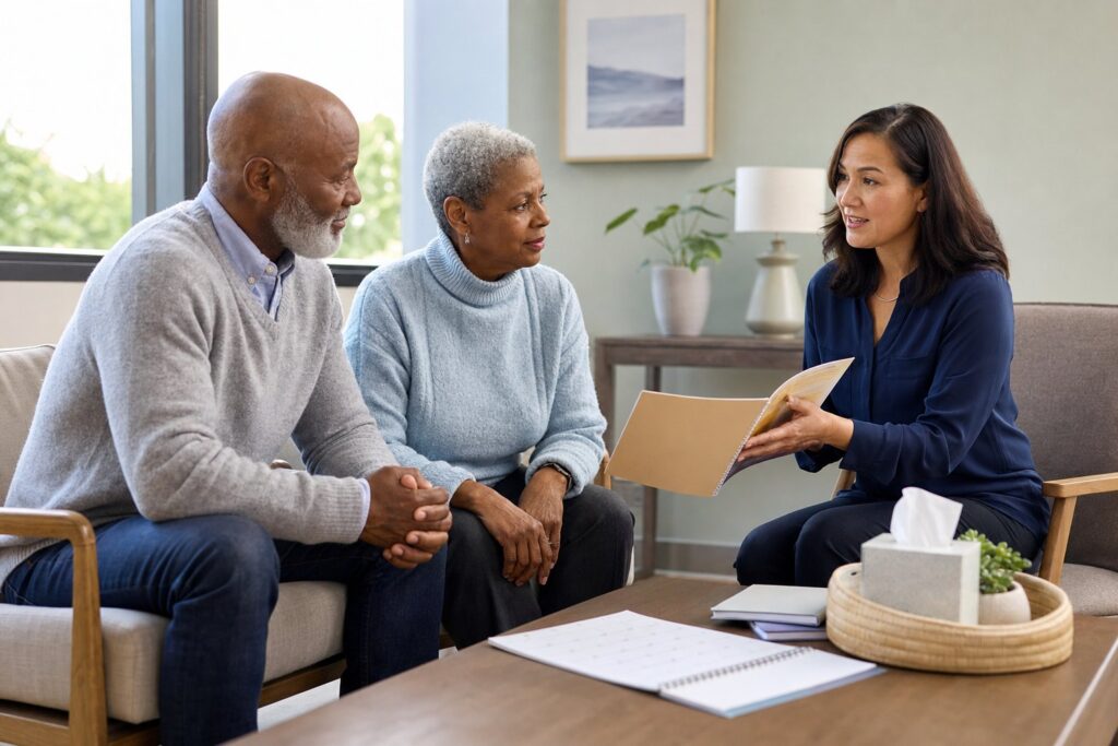 Older adult and family member speaking with a navigator in a quiet consultation room