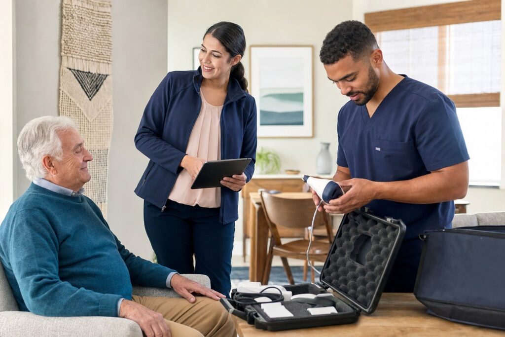Older adult seated near a noninvasive diagnostic testing setup with a support navigator present