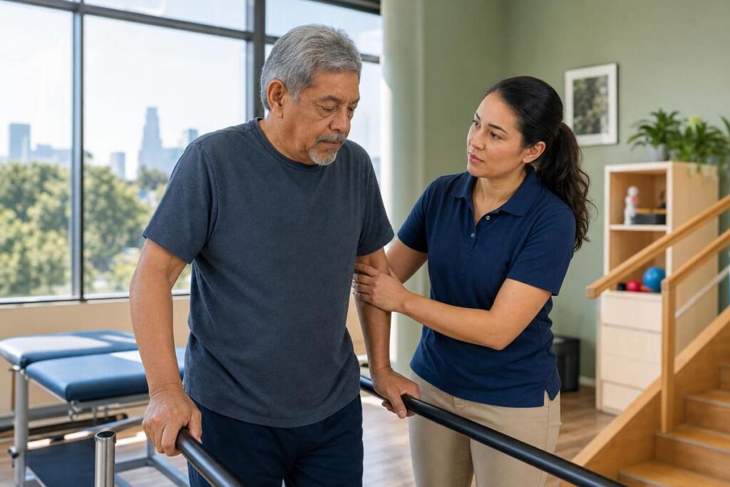 Stroke recovery specialist helping an older adult practice walking during rehabilitation support